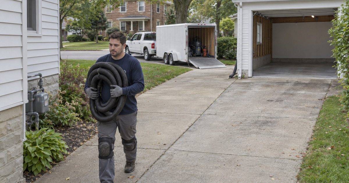 A floor crew member carrying a coiled dust hose up the driveway of a Wheaton foursquare to start a garage floor job.