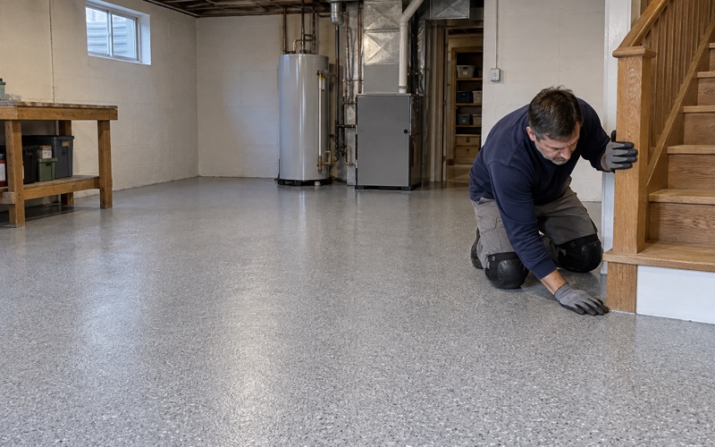 A finished light gray epoxy basement floor in a Wheaton split-level, coated right to the foot of the stair.