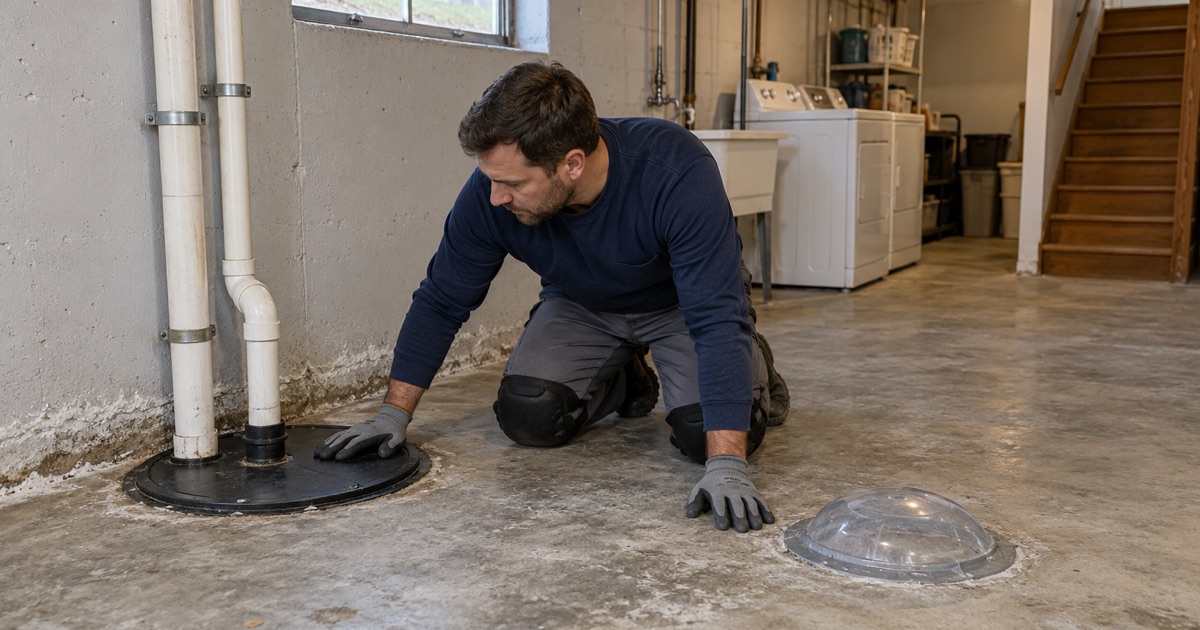 A taped plastic dome moisture test on a bare Wheaton basement slab beside the sealed lid of an ejector pump basin.