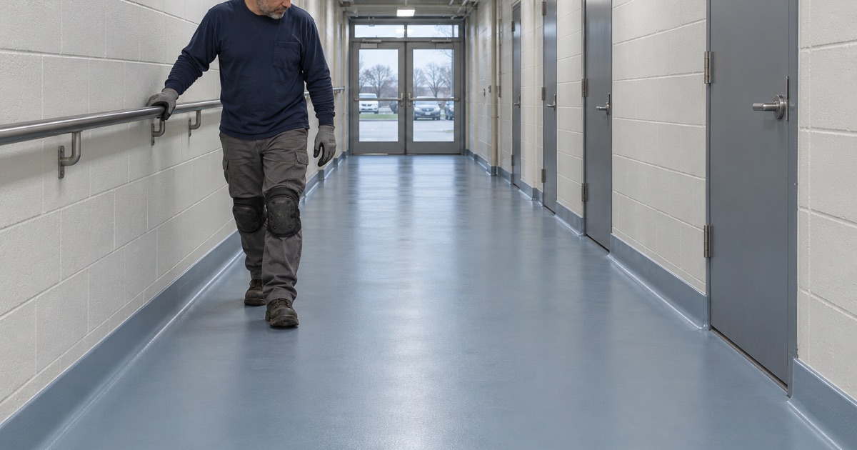 A seamless, coved resin floor in the lower-level corridor of a Wheaton public building, the cove running unbroken past each doorway.