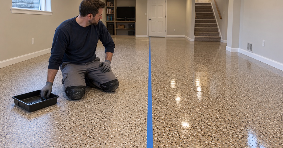 Two topcoat sheens side by side over one tan and brown flake floor in a Wheaton basement rec room, satin on one half and gloss on the other.
