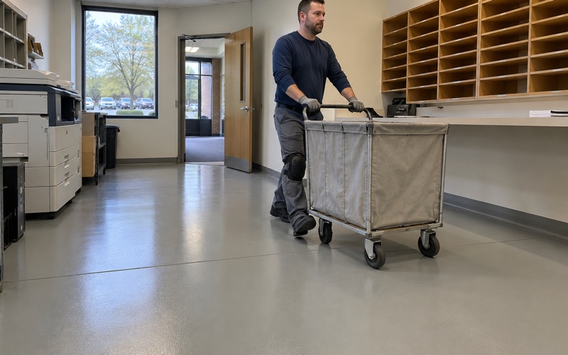 A seamless high-build resin floor in the mailroom of a Wheaton corporate office, a mail cart rolled across it.