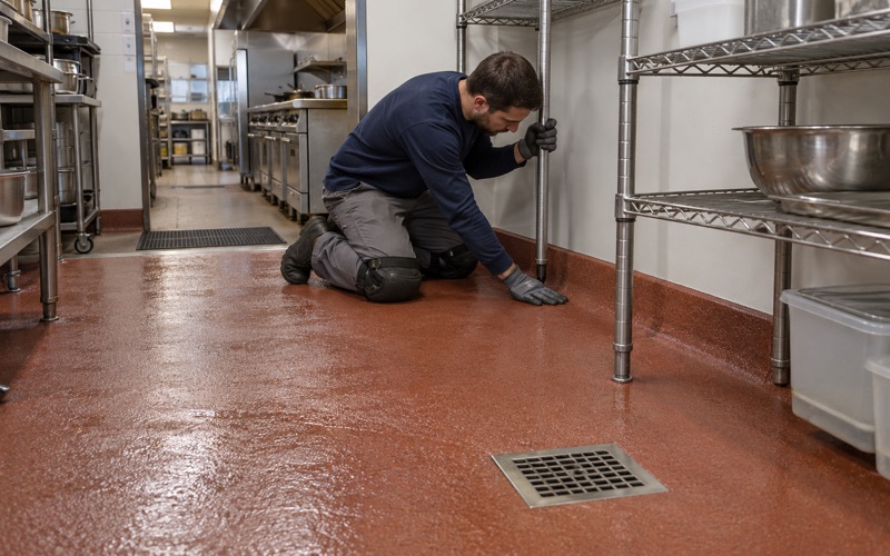 A slip-resistant urethane cement floor with a 3/8-inch-radius cove under the walk-in shelving of a downtown Wheaton restaurant kitchen.