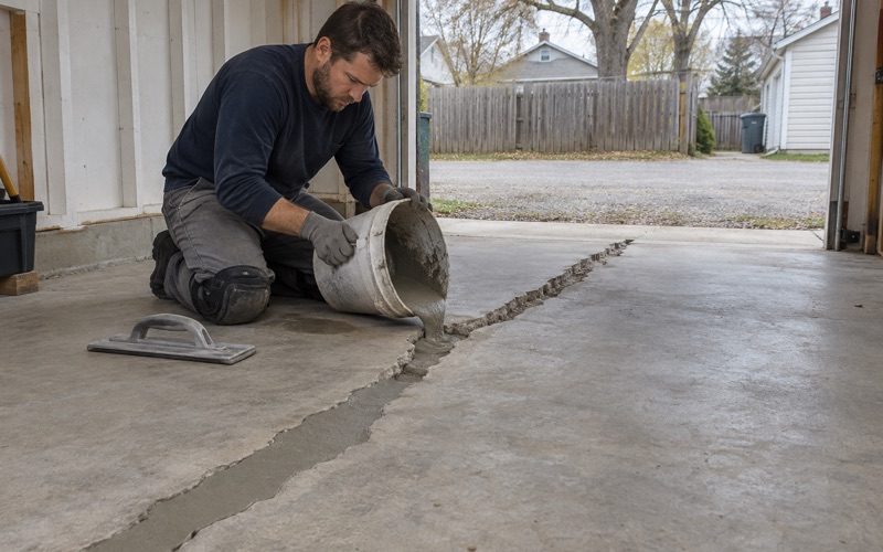 A chased crack in a Wheaton garage slab being filled with repair mortar before the floor is ground and coated.