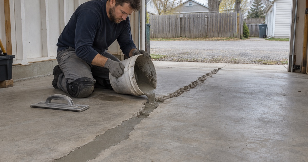 A chased crack in a Wheaton garage slab being filled with repair mortar before the floor is ground and coated.