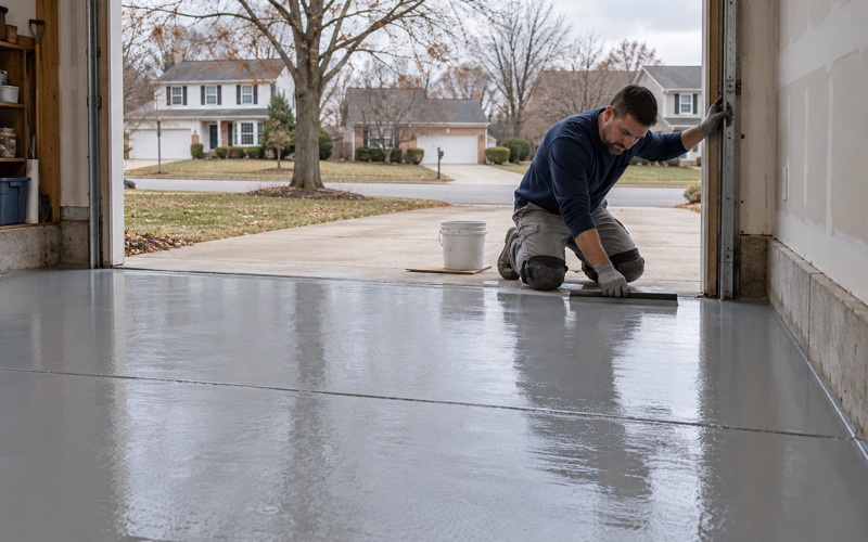 An epoxy base coat cut in along the overhead door threshold of a Wheaton colonial's attached garage.