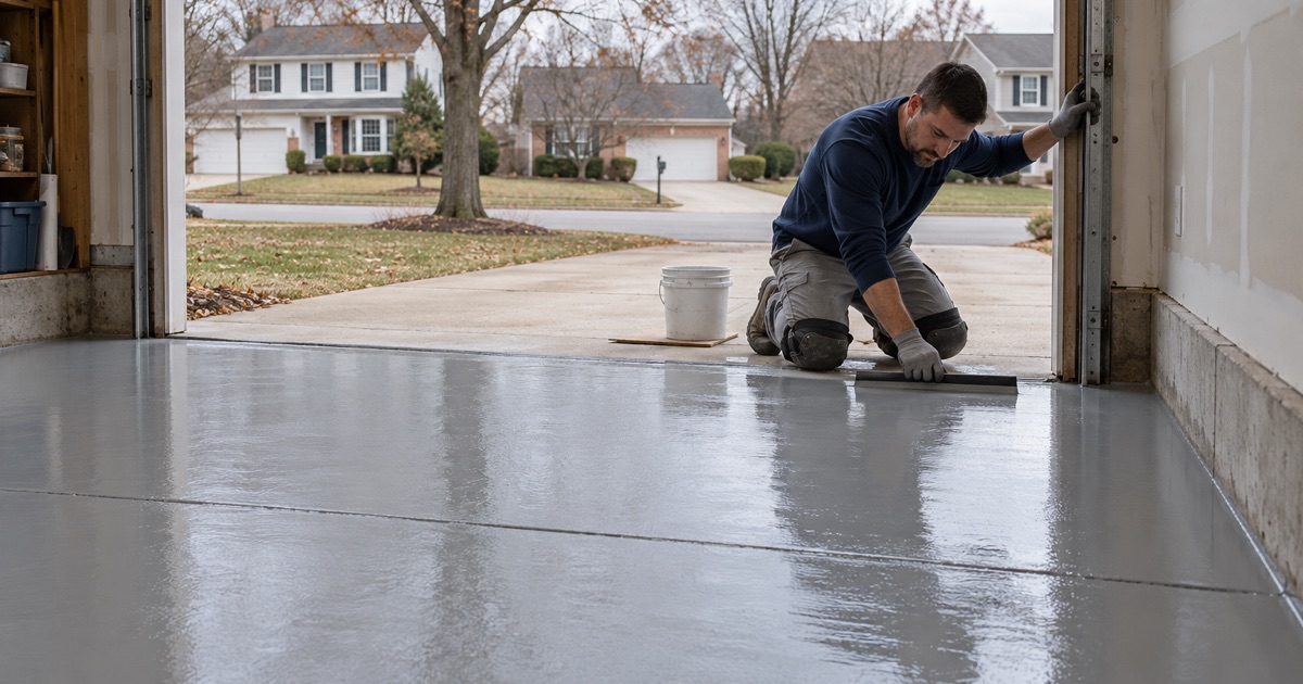 An epoxy base coat cut in along the overhead door threshold of a Wheaton colonial’s attached garage.