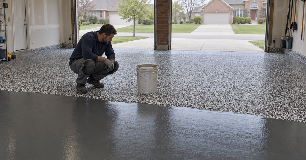 A dense black, white and gray flake broadcast settled on a three-car garage floor at a 1990s Wheaton home.