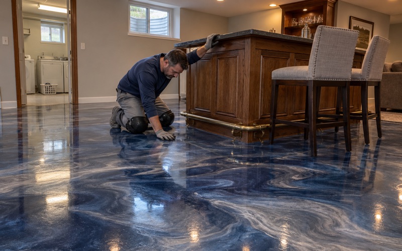 A blue and silver metallic epoxy floor around the home bar of a finished basement in a Wheaton colonial.