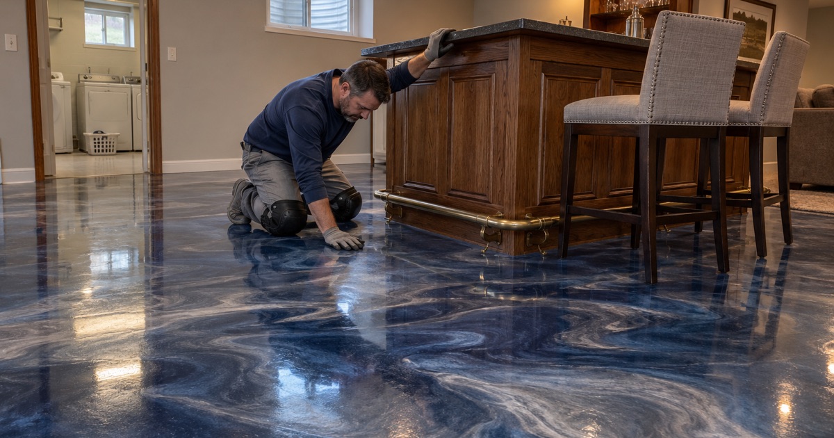 A blue and silver metallic epoxy floor around the home bar of a finished basement in a Wheaton colonial.