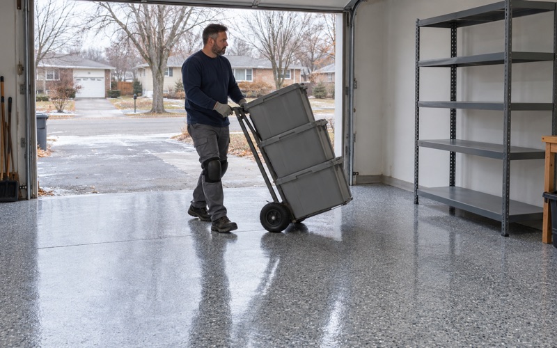 Storage bins wheeled back onto a same-day polyaspartic flake floor in a Wheaton raised-ranch garage on a cold afternoon.