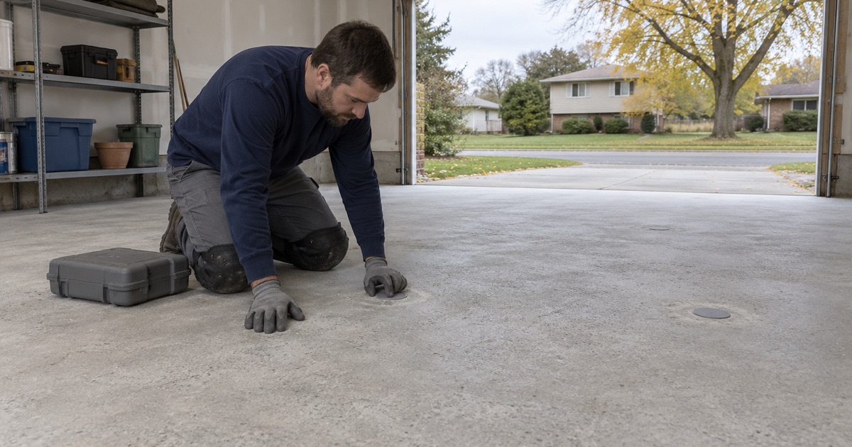 Moisture probes capped in a freshly ground garage slab in Wheaton, read before any coating goes down.